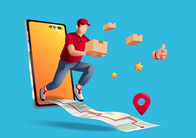 Der Lieferbote springt aus dem Smartphone heraus