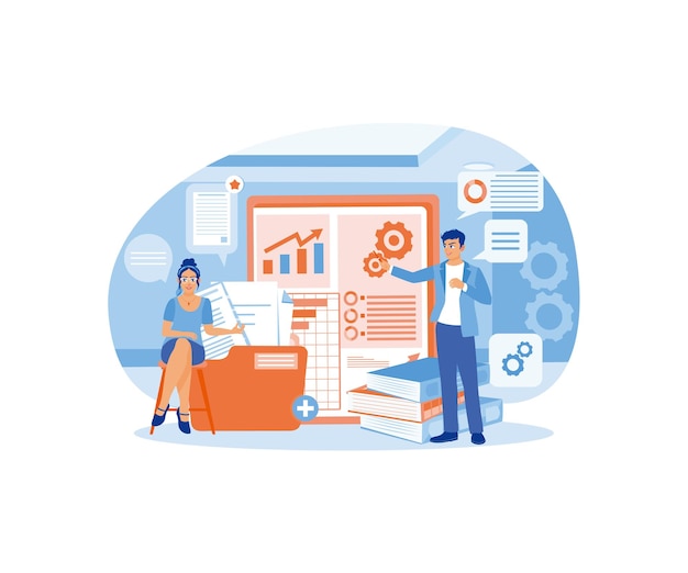 Der Manager spricht mit einem persönlichen Assistenten Bitte um Hilfe bei Arbeitsdokumenten Online-Assistent-Konzept Flachvektor-Illustration