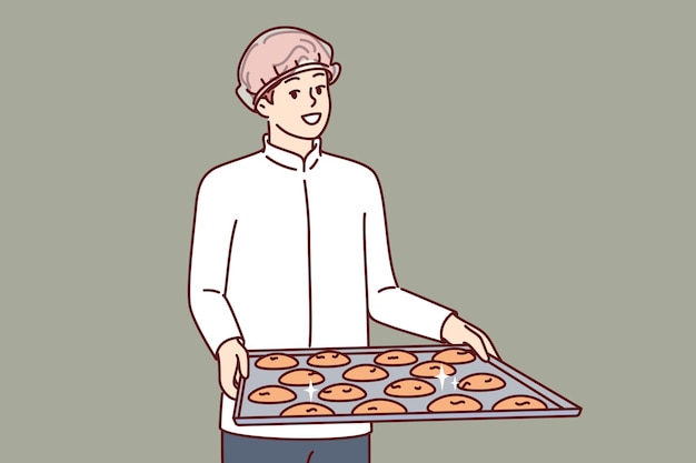 Vektor der mann, der der konditor ist, hält einen behälter mit keksen in einem weißen chef-hemd und einer einweg-hair-mütze
