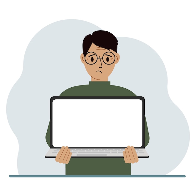 Der mann hält einen laptop mit dem bildschirm von ihm abgewandt auf dem bildschirm des laptops gibt es einen platz für text laptop-computer-technologie-konzept online-bildung online-arbeit