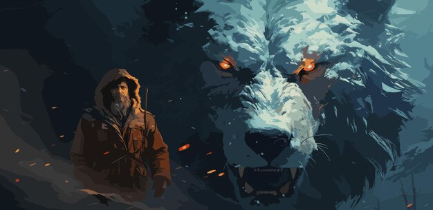 Der mann mit der kapuze mit dem speer, der dem riesigen winterwolf gegenüber steht, ist ein illustrationsgemälde im digitalen kunststil.