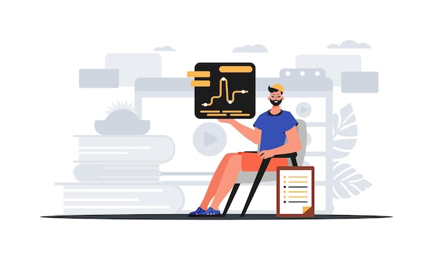 Vektor der mann sitzt in einer zahmen form und hält ein diagramm mit einem statistischen digitalen marktplatzkonzept im trendigen stil einer vektorillustration