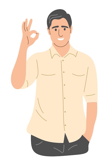Der Mann zeigt die OK-Geste. Der Mann stimmt der flachen Vektorillustration zu
