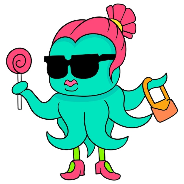 Der mehrarmige weibliche oktopus trägt eine sonnenbrille mit einem lutscher, vektorgrafiken. doodle symbolbild kawaii.