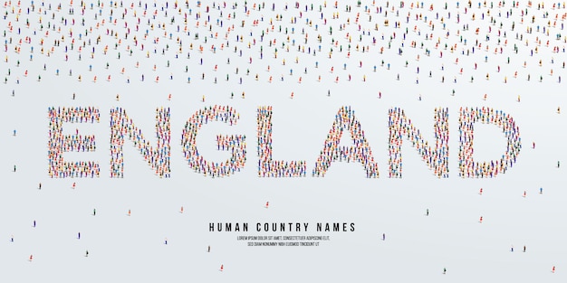 Der menschliche ländername england. eine große gruppe von menschen bildet sich, um den ländernamen england zu erstellen. vektor.