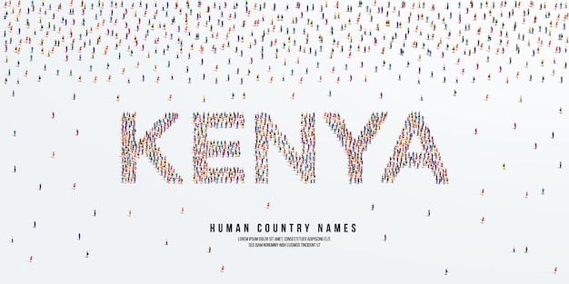 Der menschliche ländername kenia. eine große gruppe von menschen bildet sich, um den ländernamen kenia zu erstellen. vektor.