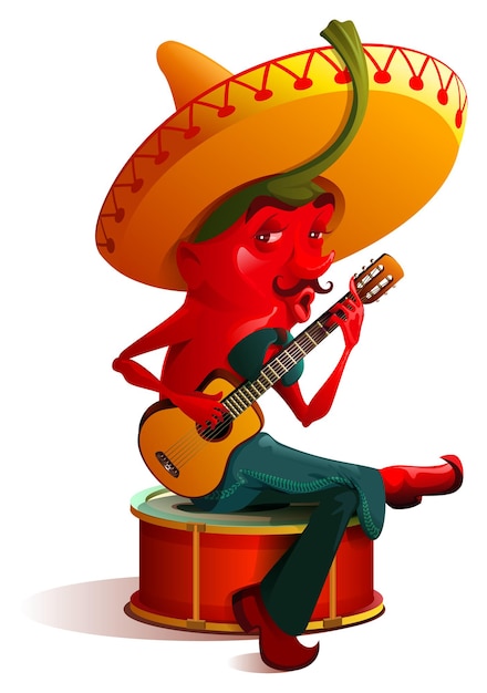 Der mexikanische Chili-Pfeffer-Charakter Sombrero spielt Gitarre. Cinco de Mayo Urlaub