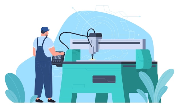 Vektor der mitarbeiter arbeitet für industriemaschinen zur verarbeitung von metall, holz und kunststoff herstellung von teilen auf mechanischen maschinen technologien für elektronische gerätetechnik vektorillustration