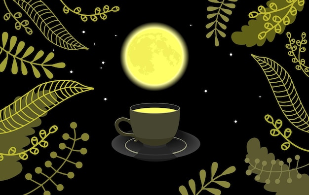 Der Mond und eine Tasse Tee im Nachtgarten Vektorbanner