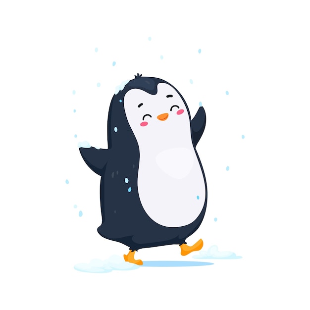 Der niedliche, lustige pinguin-cartoon-charakter umarmt freudig den schneefall und genießt die winterzeit. isolierter vektor, bezaubernde, humorvolle vogelbaby-persönlichkeit, die im freien spaziert und fallende schneeflocken fängt