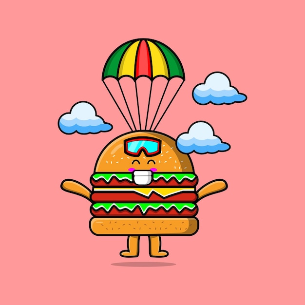 Der niedliche maskottchen-cartoon burger springt mit fallschirm und glücklicher gestenillustration