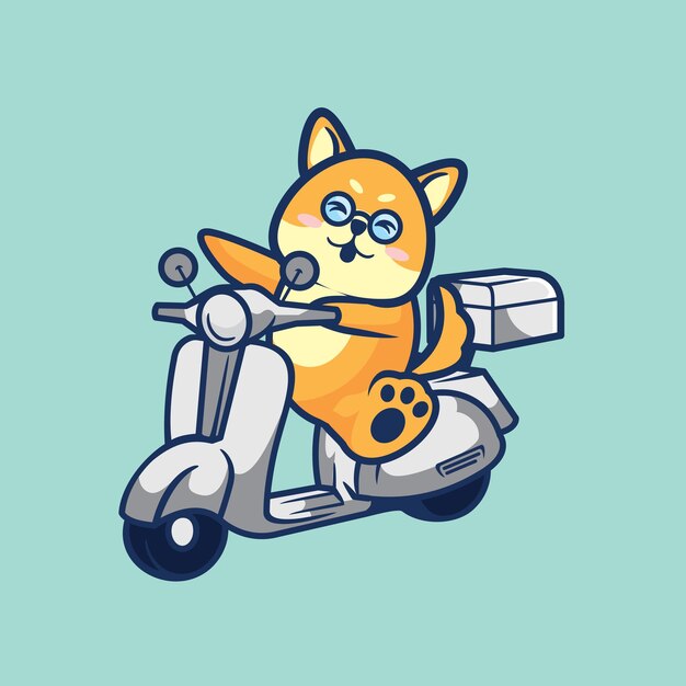 Der niedliche Shiba-inu-Hund reitet auf einer flachen Minimalismus-Vektorillustration der Vespa-Karikatur