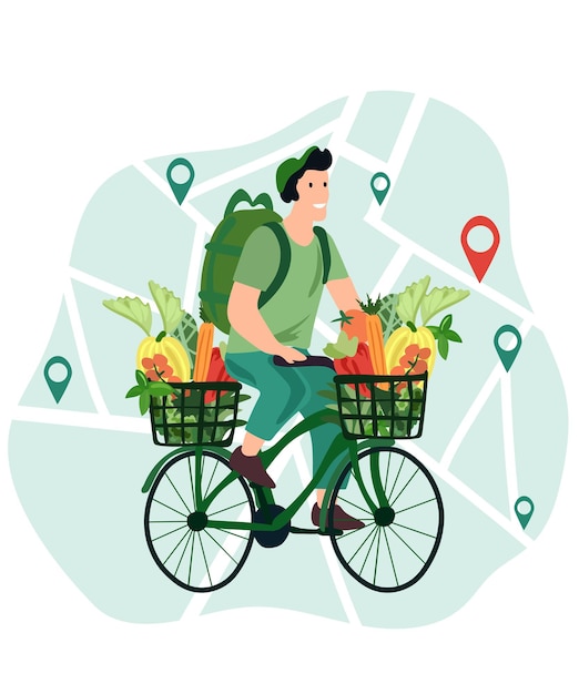 Der online-bestellkurier mit dem fahrrad liefert frisches gemüse und obst von einem virtuellen lebensmittelmarkt