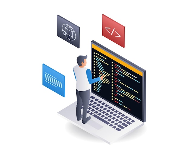 Der Programmierer beendet seine Aufgabe mit einer flachen isometrischen 3D-Illustration