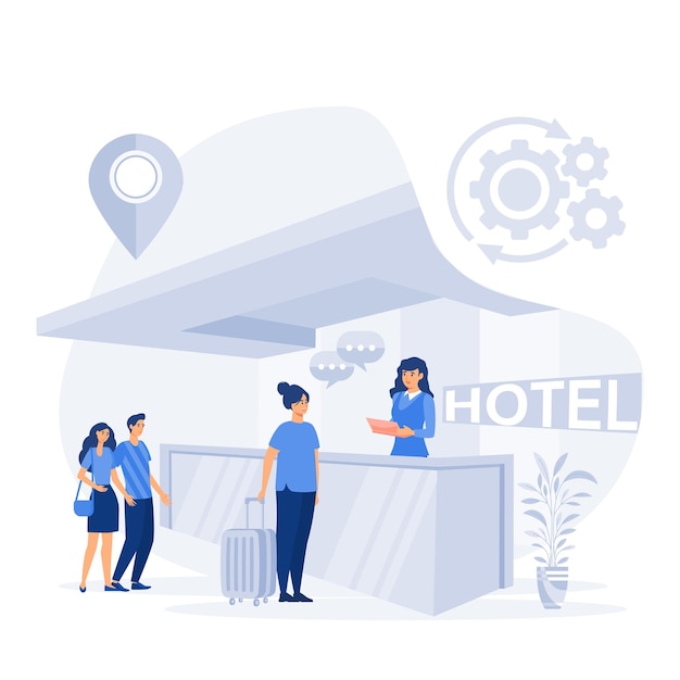 Der Rezeptionist begrüßt den Gast beim Check-in im Hotel-Hostel-Interieur mit Administrator-Flachvektor