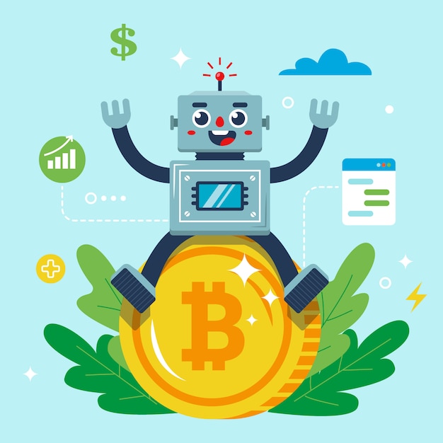 Der roboter sitzt auf einer bitcoin-münze