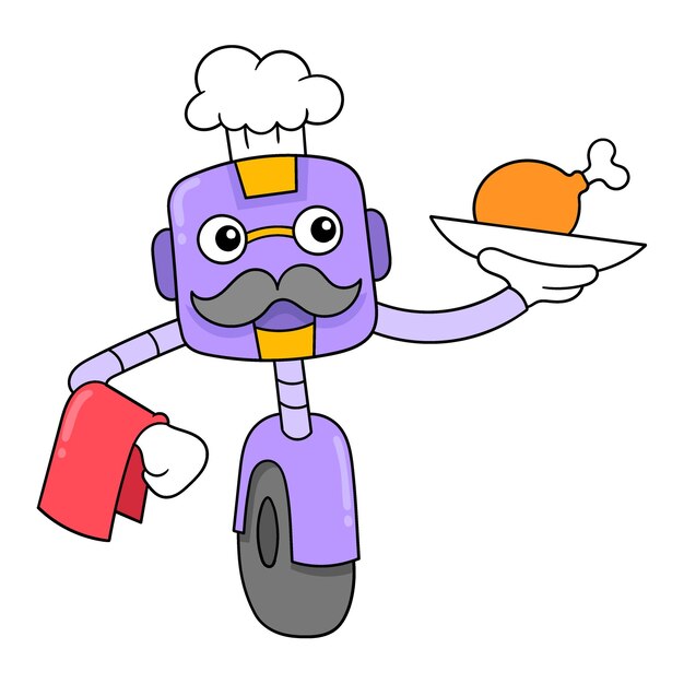 Der Roboterkellner bringt gebratenes Huhn, um das Doodle-Symbolbild kawaii zu servieren