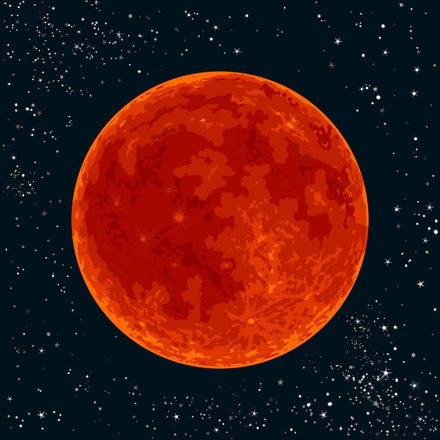 Der rote Vollmond auf dem nächtlichen Sternenhimmelhintergrund