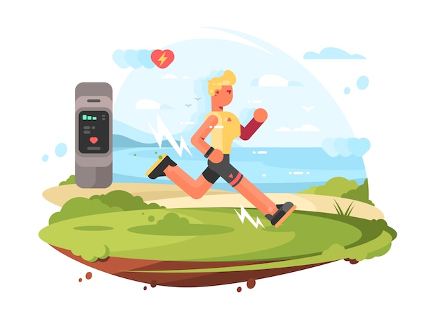 Der runner scamper läuft an der küste zum herzfrequenzmesser. illustration