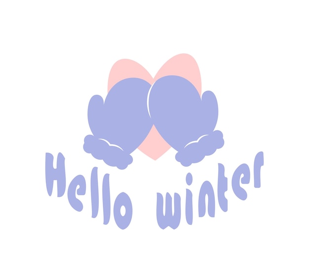 Der satz hallo winter mit fäustlingen und einem herz in zarten farben (blau und rosa).