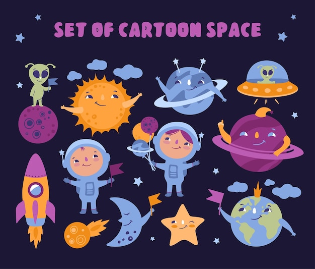 Der satz von cartoon-weltraum-cliparts die astronauten und planeten sind kosmische vektorelemente