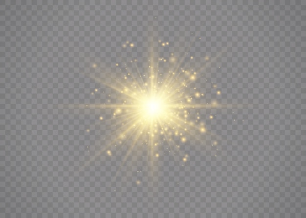 Der stern platzte vor brillanz. gelb leuchtende lichter stern. ein sonnenblitz mit strahlen und scheinwerfer. spezialeffekt isoliert auf transparentem hintergrund.