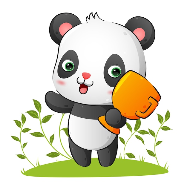 Der süße glückliche panda hält eine goldene trophäenillustration