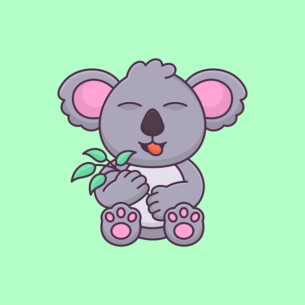 Der süße koala frisst blätter. tiere essen vektor-cartoon-tier-illustration-symbol