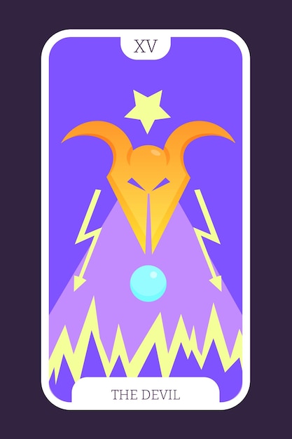Vektor der teufel tarot-cartoon-flachkartenvorlage große arcana taro-vektorillustration spirituelle zeichen mit esoterischen magie- und astrologiesymbolen isolierte farbige grafik hexerei-konzept eps
