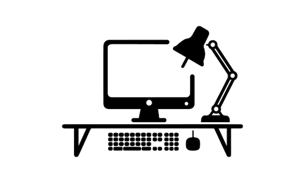 Der Tisch mit dem Computer- und Lampensymbol steht auf einem weißen Hintergrund