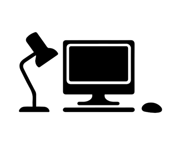 Der Tisch mit dem Computer- und Lampensymbol steht auf einem weißen Hintergrund