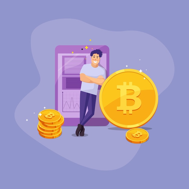 Der Typ lehnte sich auf eine Bitcoin-Münze im Hintergrund, ein Tablet mit Infografiken auf dem Bildschirm und glänzenden Stapeln von Bitcoin-Münzen