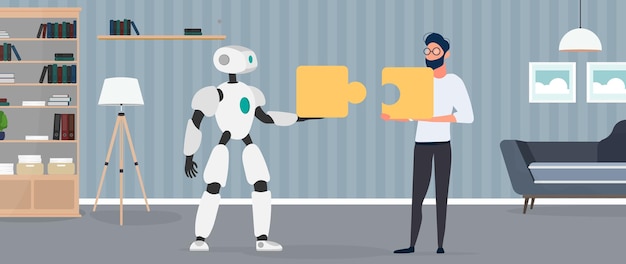 Der Typ und der Roboter halten Puzzleteile. Teamwork-Konzept.