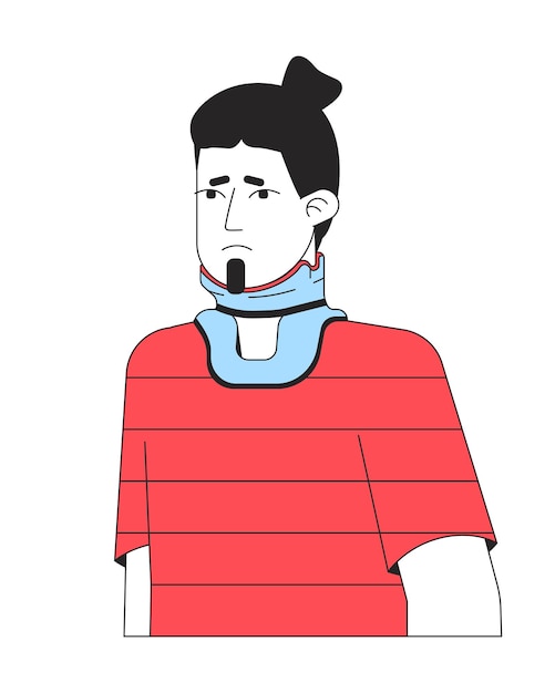 Der unglückliche typ hat eine halsverletzung, eine flache linie, eine farbige vektorfigur, ein bearbeitbarer umriss, ein halber körper, ein kranker mann mit einem halsstützband auf weiß, eine einfache cartoon-spot-illustration für das web-grafikdesign.