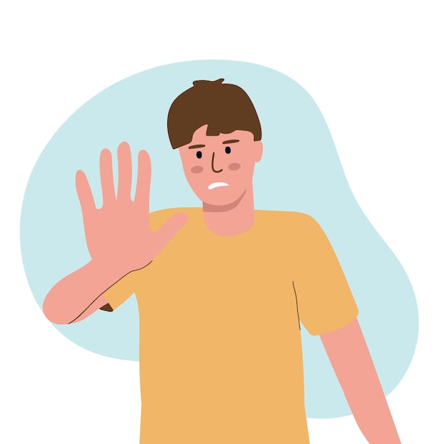 Der verängstigte Mann legt seine Hand nach vorne Stop-Geste Menschliche Emotionen