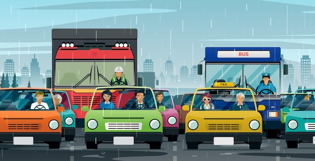 Der Verkehr in der Stadt ist bei Regen ständig gestaut