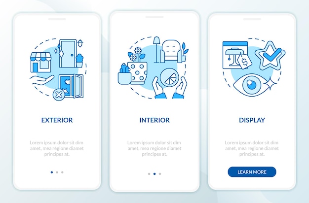 Der visuelle sinn im einzelhandel erlebt den blauen onboarding-bildschirm der mobilen app