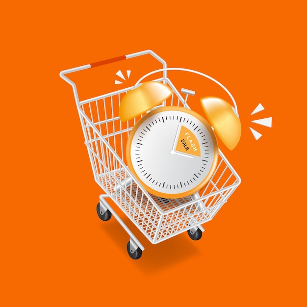 Der Wecker befindet sich im Warenkorb und warnt vor Flash-Verkaufsaktionen und allen Objekten, die im Airvector 3d schweben, isoliert auf orangefarbenem Hintergrund für Werbeverkaufsdesign