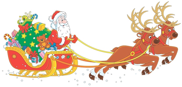 Der weihnachtsmann mit einer tüte weihnachtsgeschenke, der in seinem zauberschlitten mit fliegenden rentieren fährt