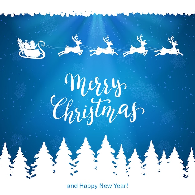Der weihnachtsmann mit rentieren fliegt über weihnachtsbäume auf blauem, schneebedecktem hintergrund und beschriftet frohe weihnachten und ein glückliches neues jahr, illustration.