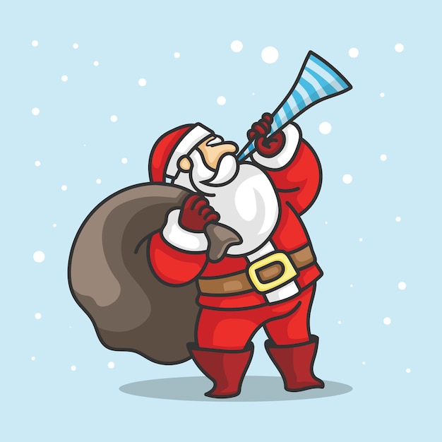 Der weihnachtsmann spielt trompete und hält einen sack mit geschenken