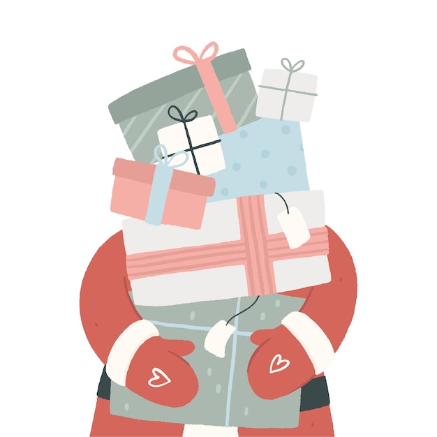 Der weihnachtsmann trägt einen hohen stapel geschenkboxen zu weihnachten