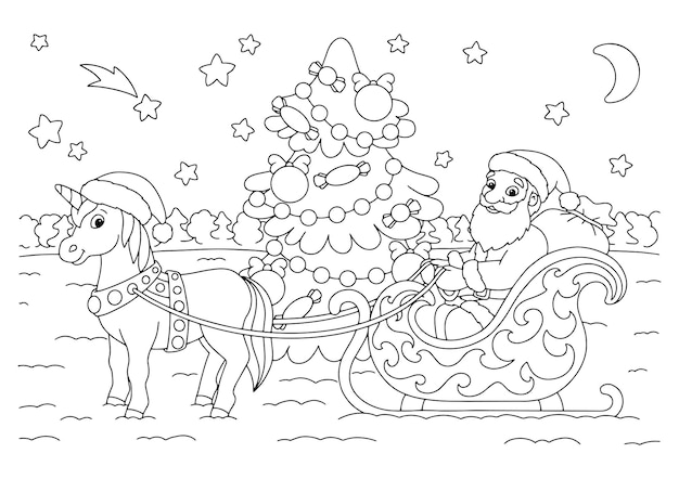 Der weihnachtsmann und das einhorn tragen geschenke auf einem weihnachtsschlitten. malbuchseite für kinder.