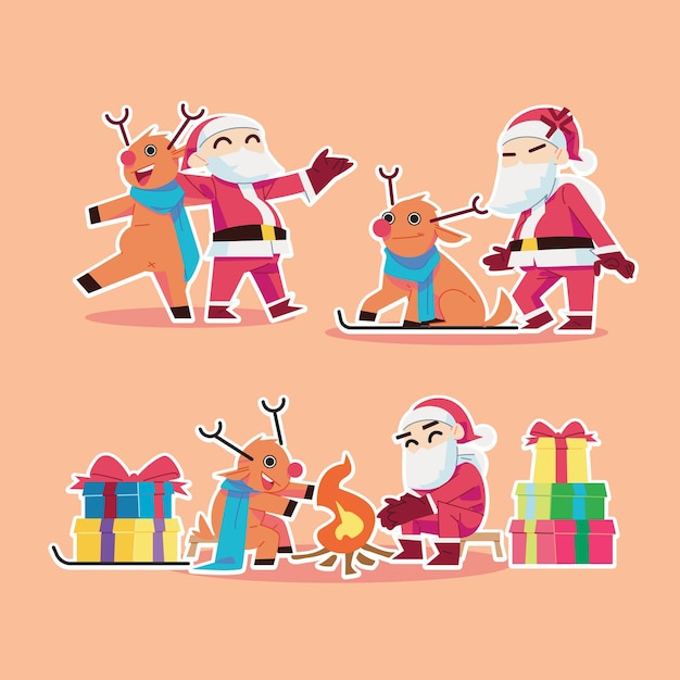 Der Weihnachtsmann und sein Hirsch verteilen Geschenke im Flat Design