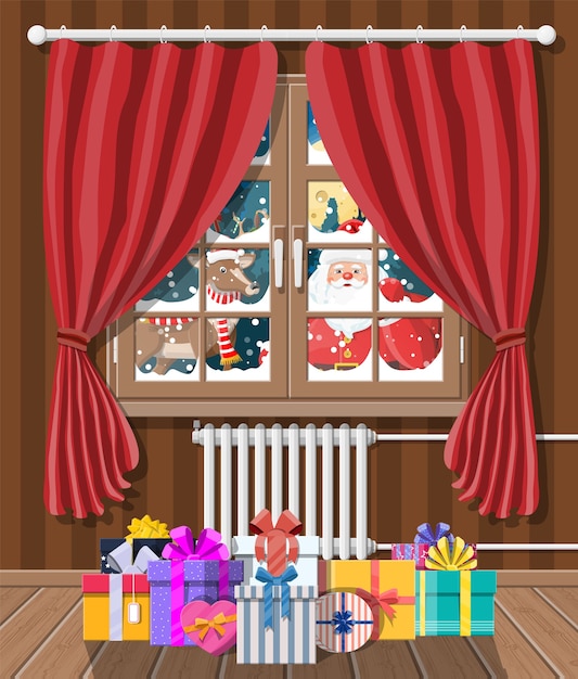 Der weihnachtsmann und sein rentier schauen in das wohnzimmerfenster