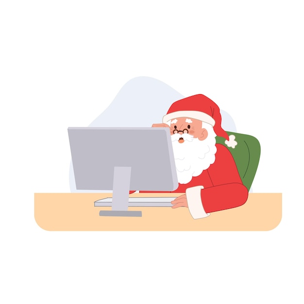 Der weihnachtsmann verwendet computer frohe weihnachten vektor-illustration