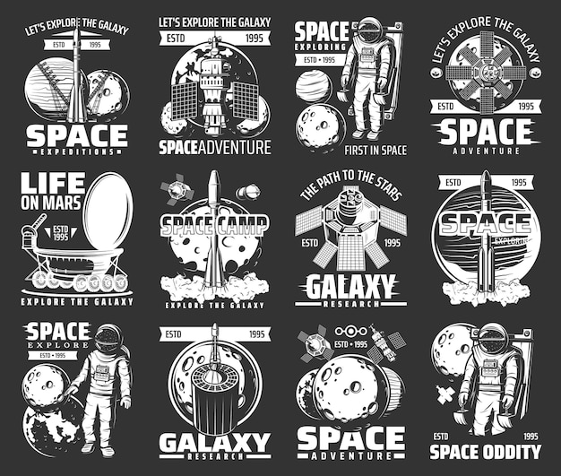 Der weltraum erforscht monochrom. astronaut, space shuttle und satelliten kosmos erforschen retro-labels