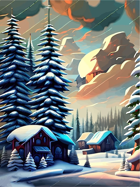 Vektor der winter steht vor der tür, verschneite nacht mit nadelwaldhäusern in schneebedeckten lichtgirlanden, fallender schnee