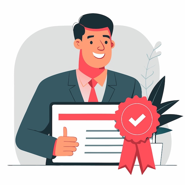 Der Zertifizierungsprozess visualisiert mit scharfen digitalen Illustrationen