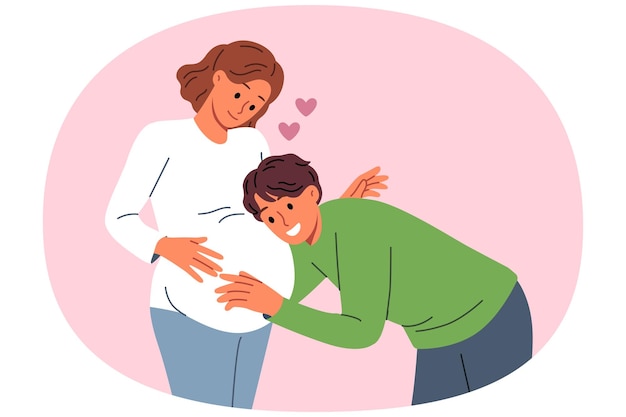Der zukünftige Vater lehnt sich an den Bauch einer schwangeren Frau und hört auf die Bewegungen des Babys im Mutterleib